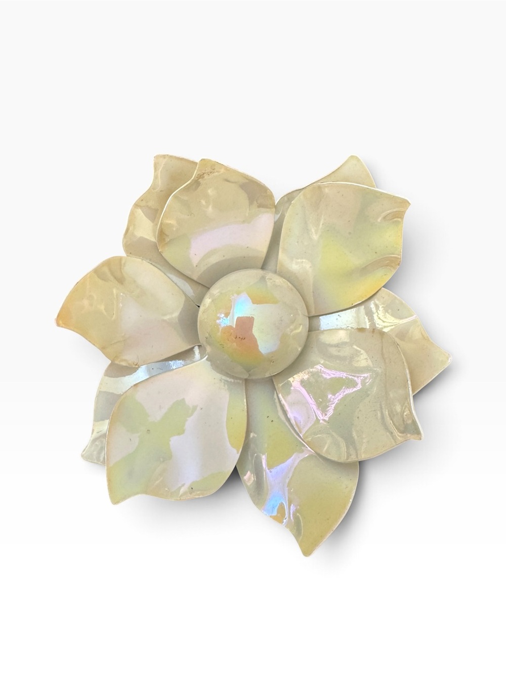 60s Vintage Flower Pin White Iridescent Sculptural 3D Enamel Mod MCM 3”